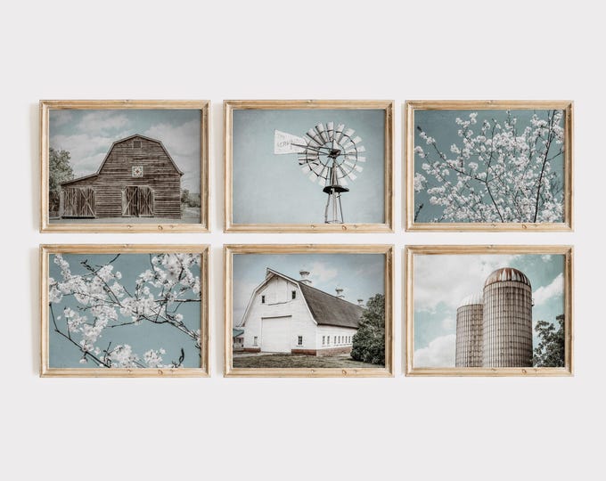 Farmhouse Photography Print Set. Teal Blue & Turquoise Barn Landscapes Photography for Shabby Chic Farmhouse and Modern Farmhouse Decor.