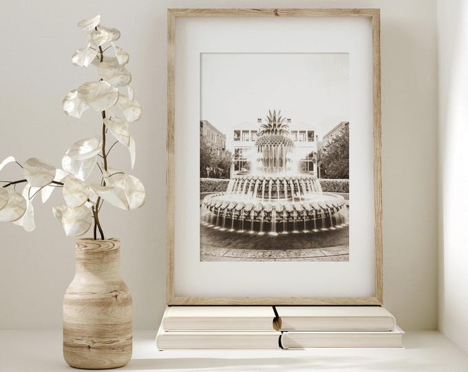 Charleston Wall Art Print or Canvas Decor. Pineapple Fountain in Waterfront Park. Black & White or Sepia Neutral Charleston, SC Photography.