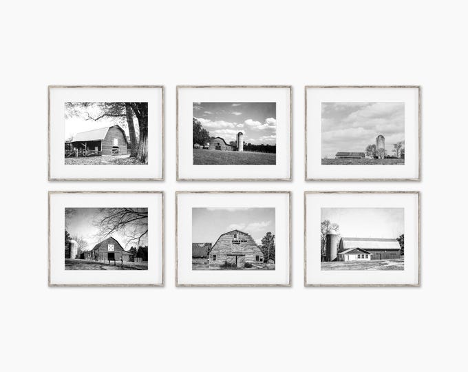 Barn Landscape Wall Art Decor Print or Canvas Set. Black & White Country Wall Art for Farmhouse Decor. Barn Gallery Wall Art Set of 6.