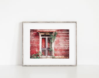 Rustic Red Barn Door Wall Art Decor. Rustic Farmhouse Primitive Decor Print or Canvas. Country Barn Door with Ivy Wall Art for Living Room.
