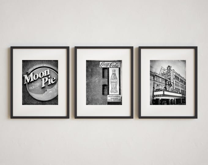 Iconic Chattanooga Sign Wall Art Prints or Canvas Set. Photography Prints for Wall Decor. Rustic Modern Art of Moon Pie, Coca Cola, & Tivoli
