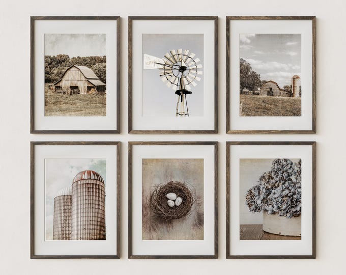 Modern Farmhouse Wall Art Decor with Neutral Tones. Beige & Gray Blue Set of 6 Country Barn Landscape Art Prints. Gallery Wall Print Set.