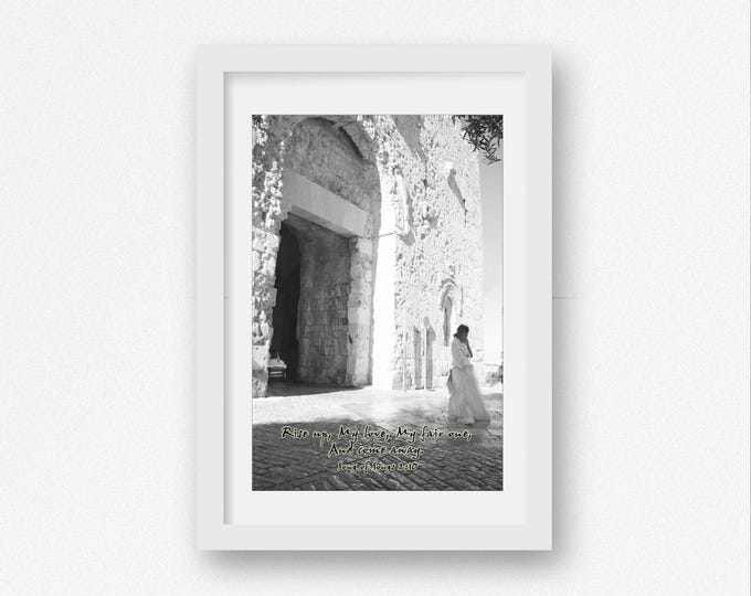 Scripture Print, Israel Photography, B&W, Bride at Zion Gate, Jerusalem, Christian Art, Prophetic Art, Framed Bible Print, Scripture Canvas