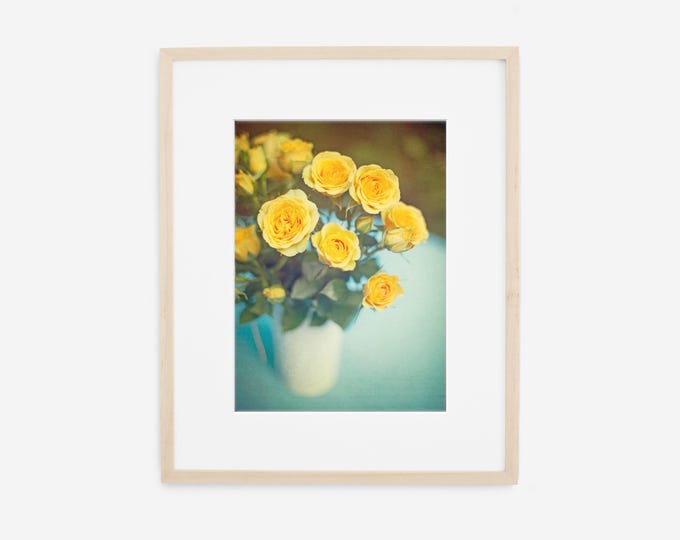 Teal and Gold Floral Wall Art. Colorful Yellow Roses Photography Print & Canvas Decor for Bedroom, Nursery, Living Room. Feminine Flower Art