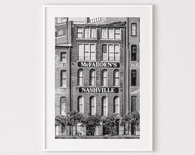 Nashville Art Print or Canvas. McFaddens Nashville Sign Photography Wall Decor. Music City Urban Sign Black & White or Sepia Wall Art Print.