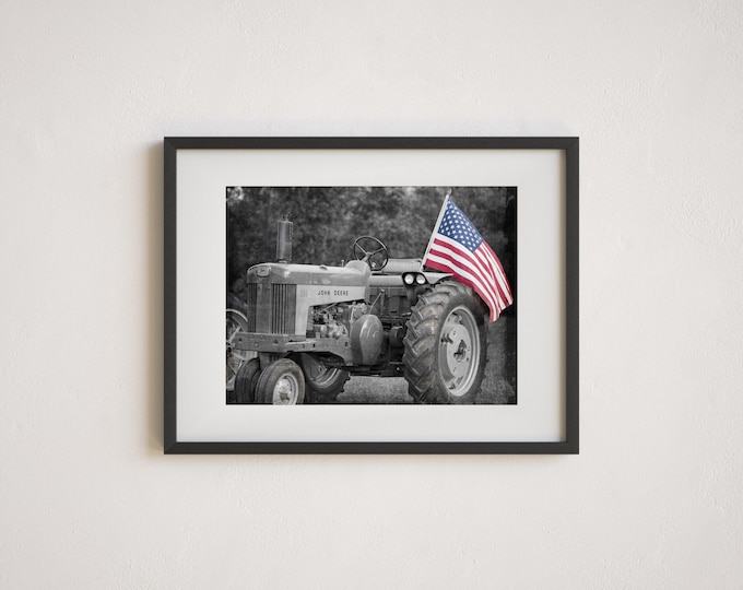 American Farmhouse Wall Art Print or Canvas. American Flag and Tractor Photography Print. Rustic Patriotic Print for Modern Farmhouse Decor.