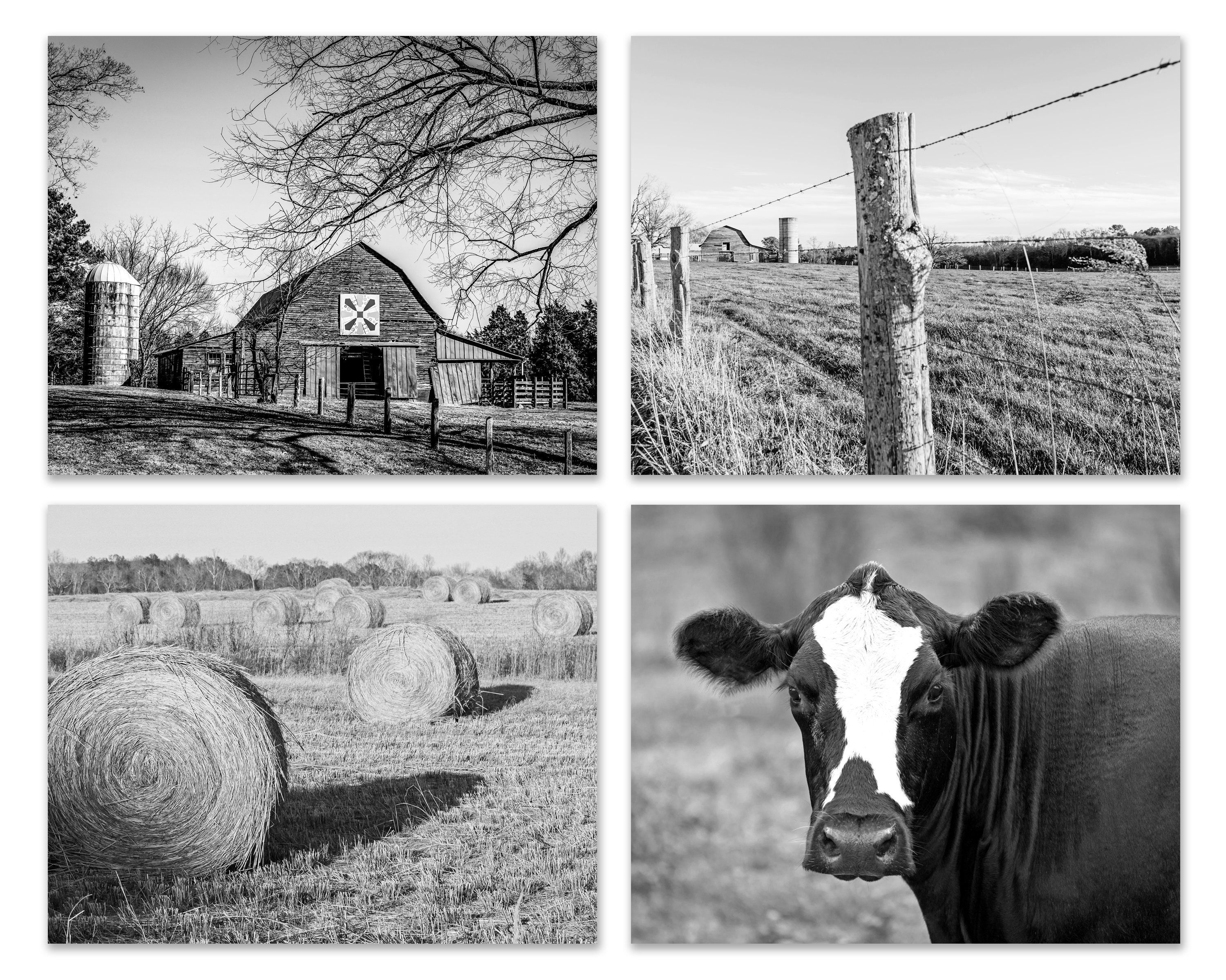 Farm Photography Print Set, Farmhouse Home Decor, Set of 4, Black and
