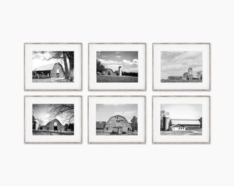 Barn Landscape Wall Art Decor Print or Canvas Set. Black & White Country Wall Art for Farmhouse Decor. Barn Gallery Wall Art Set of 6.