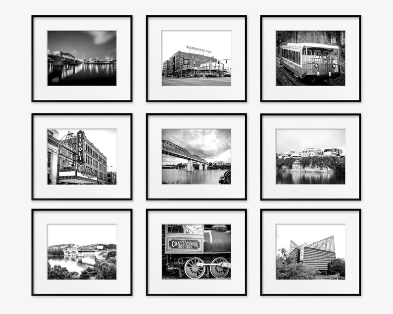 Chattanooga Wall Art Print or Canvas Set of 9. Chattanooga Photography Wall Art Decor. Black & White Art for Gallery Wall Discounted Set. image 1