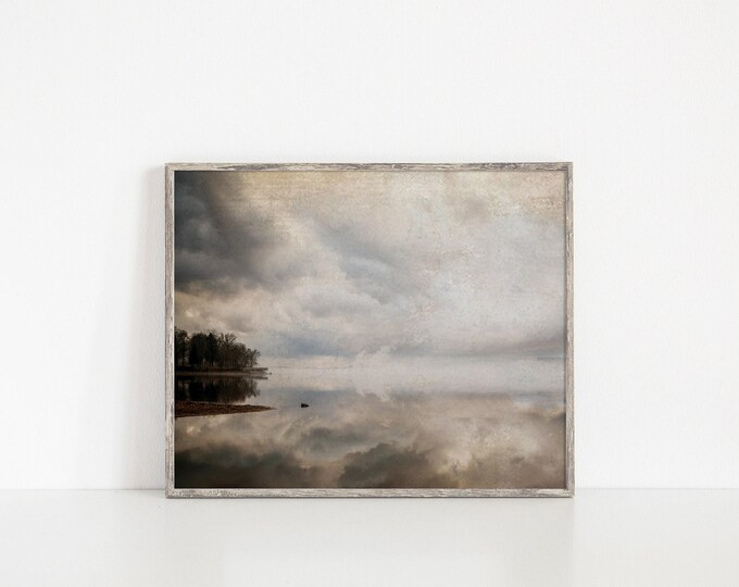 Moody Lake Landscape Wall Art Decor with Neutral Tones and Vintage Textures. Vintage Transitional Waterscape Wall Art Print and Canvas.