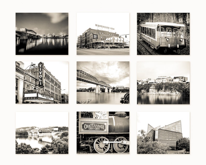 Chattanooga Wall Art Print or Canvas Set of 9. Chattanooga Photography Wall Art Decor. Black & White Art for Gallery Wall Discounted Set. image 3