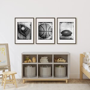 Sports Wall Art Prints or Canvas Set of 3. Vintage Rustic Baseball Football & Basketball Photography Wall Decor for Boys Room or Man Cave. image 2