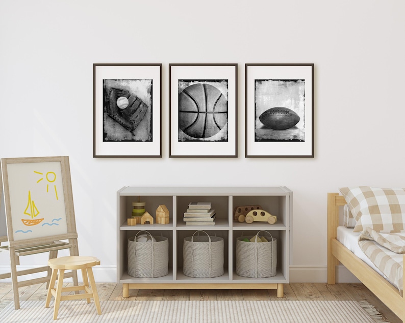 Sports Wall Art Prints or Canvas Set of 3. Vintage Rustic Baseball Football & Basketball Photography Wall Decor for Boys Room or Man Cave. image 2