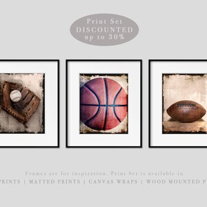 Sports Wall Art Prints or Canvas Set of 3. Vintage Rustic Baseball Football & Basketball Photography Wall Decor for Boys Room or Man Cave. image 4
