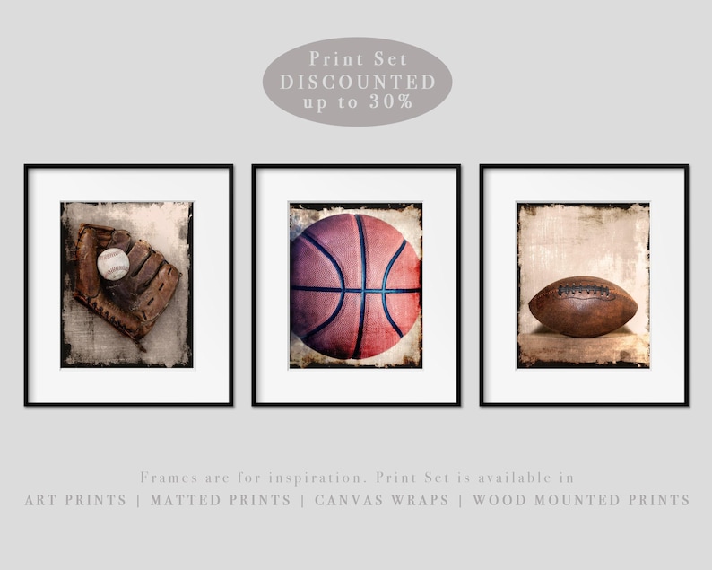 Sports Wall Art Prints or Canvas Set of 3. Vintage Rustic Baseball Football & Basketball Photography Wall Decor for Boys Room or Man Cave. image 4
