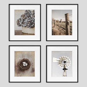 Rustic Farmhouse Wall Art Decor, Set of 4 Neutral Photography Prints, Black & White, Canvas Wall Art, Matted Gift Prints Available