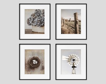 Rustic Farmhouse Wall Art Decor, Set of 4 Neutral Photography Prints, Black & White, Canvas Wall Art, Matted Gift Prints Available