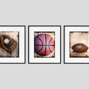 Sports Wall Art Prints or Canvas Set of 3. Vintage Rustic Baseball Football & Basketball Photography Wall Decor for Boys Room or Man Cave. image 1