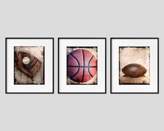 Sports Wall Art Prints or Canvas Set of 3. Vintage Rustic Baseball Football & Basketball Photography Wall Decor for Boys Room or Man Cave.