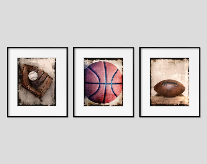 Sports Wall Art Prints or Canvas Set of 3. Vintage Rustic Baseball Football & Basketball Photography Wall Decor for Boys Room or Man Cave.
