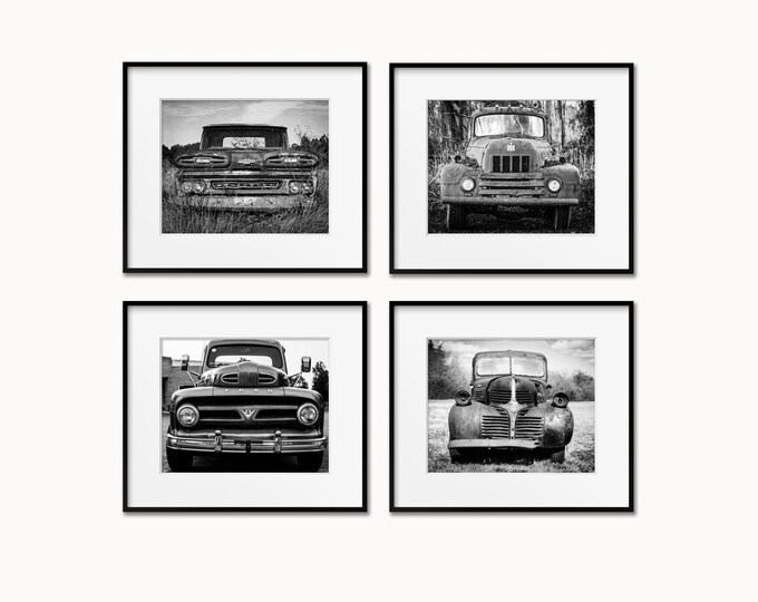 Vintage Trucks Wall Art, Set of 4 Rustic Car Art Prints, Neutral Boys Room & Nursery Decor, Canvas, Wood, and Metal Wall Art Sets Available