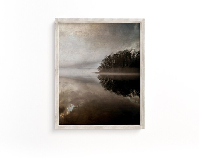 Moody Lake Landscape Wall Art Decor with Neutral Tones and Vintage Textures. Vintage Transitional Waterscape Wall Art Print and Canvas.