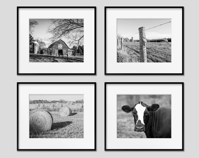 Farm Photography Print Set, Farmhouse Home Decor, Set of 4, Black and White Farm Wall Art, Barn, Cow, Also Available on Canvas, Metal & Wood