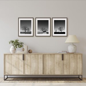 Black & White Tree Landscape Wall Art Set of 3 Prints. Rustic Nature Decor for Office, Bedroom and Living Rooms. Modern Minimal Canvas Art. image 2