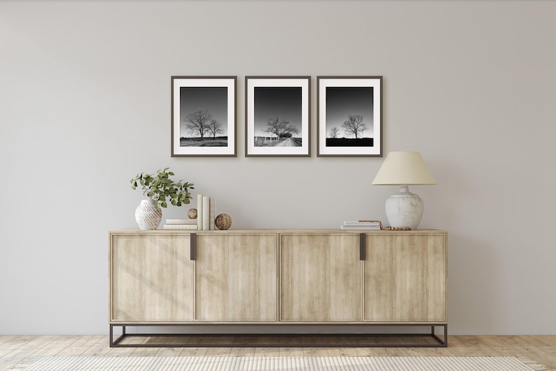Black & White Tree Landscape Wall Art Set of 3 Prints. Rustic Nature Decor for Office, Bedroom and Living Rooms. Modern Minimal Canvas Art. image 2