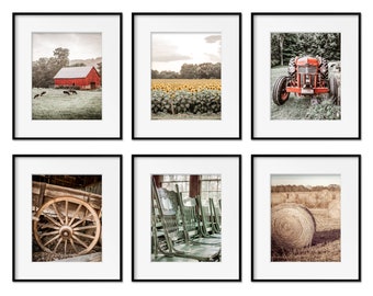Rustic Farmhouse Wall Art Decor, Set of 6 Print Set, Country Barn Landscape Photography, Red Green & Beige Farmhouse Print or Canvas Set.