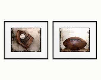Vintage Sports Wall Art Prints or Canvas Set Decor. Rustic Baseball with Glove & Football Wall Art for Boys Room, Man Cave or Playroom.