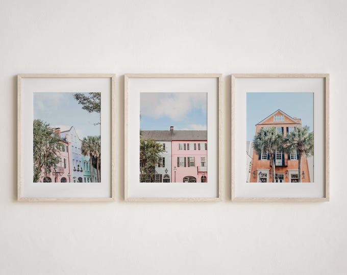Charleston Art Print Set. Charleston, SC Photography Prints. Colorful Rainbow Row, Charleston Houses Wall Art Print Set of 3. Gift for Her.