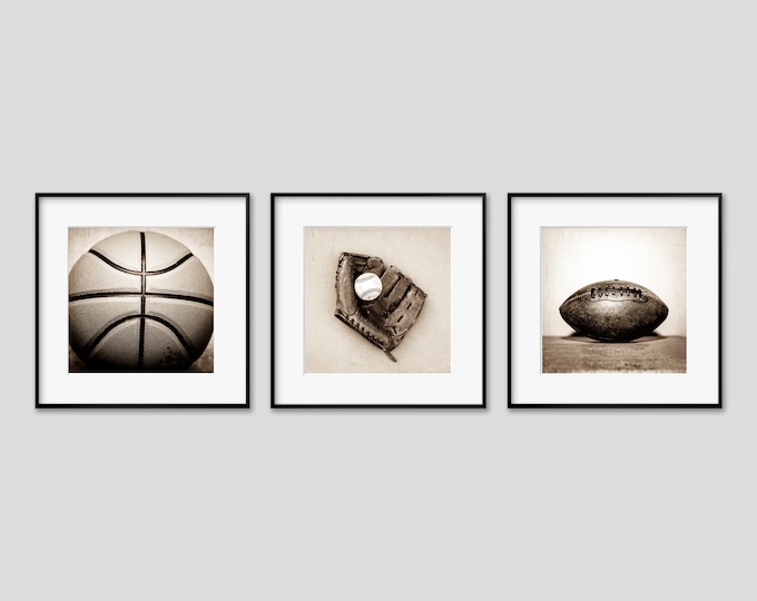 Sports Themed Wall Art Prints, Vintage Baseball & Football Decor for Boy's Room. Coach, Office or Game Room Canvas, Metal or Wood Set of 3.