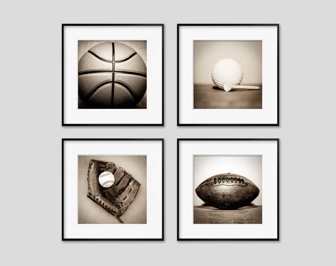 Sports Wall Art Prints or Canvas Decor Set of 4. Vintage Baseball, Golf, Basketball & Football Prints for Boy's Room, Game Room or Man Cave.