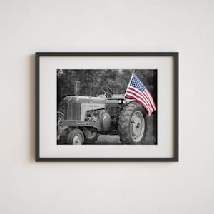 American Farmhouse Wall Art Print or Canvas. American Flag and Tractor Photography Print. Rustic Patriotic Print for Modern Farmhouse Decor.