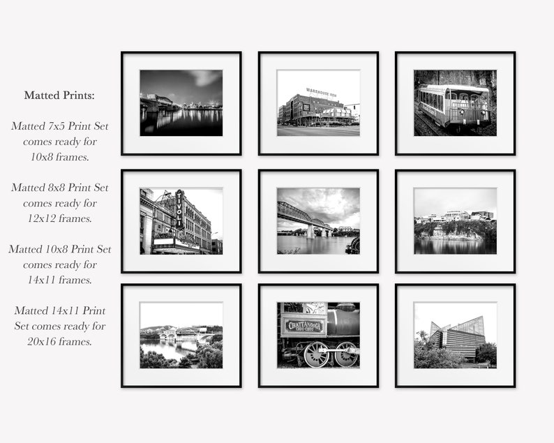Chattanooga Wall Art Print or Canvas Set of 9. Chattanooga Photography Wall Art Decor. Black & White Art for Gallery Wall Discounted Set. image 2