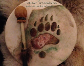 Little Bear - 14" Cowskin Drum - Drum Bag - Mallet - Grizzly - Kodiak - Brown Bear