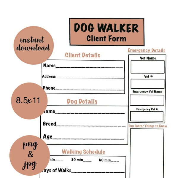 Dog Walking Client Sheet. Client Form. Dog Walker. Dog business clients. Small business printable. Dog walker printable. Digital Download