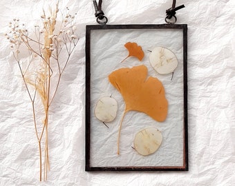 Real Gingko Leaf glass frame, pressed flower art, handmade wall hanging decor, stained glass dried wildflowers, minimalism Mother's Day gift