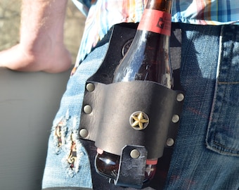 Leather Texas Star Beer Holster, Cowboy Hip Drink Holder