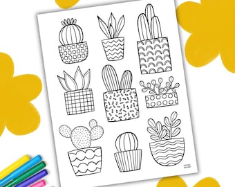 May include: Black and white line drawing of various potted cacti and succulents on a white background. The drawing includes different shapes and patterns for each plant and pot. The image is surrounded by yellow flower shapes and colorful markers.