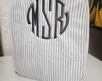 School lunch box, Seersucker school lunch bag, monogram, personalized back to school lunch tote, grey