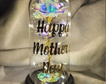 Personalized glass dome, foil rose, message on a glass dome with string lights, glass display