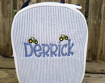 School lunch box, Seersucker school lunch bag, monogram, personalized back  to school lunch tote