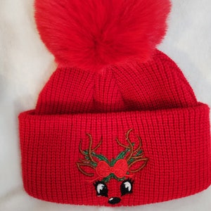 Christmas beanie, embroidery winter hat, pom pom cuffed beanie, gift for babies