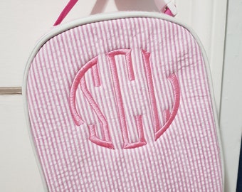 School lunch box, Seersucker school lunch bag, monogram, personalized back  to school lunch tote