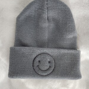 Smiley face beanie, embroidery winter hat, cuffed beanie, gift for him and her