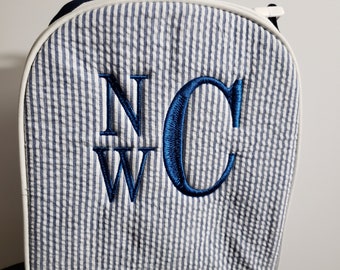School lunch box, Seersucker school lunch bag, monogram, personalized back  to school lunch tote