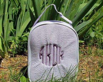 School lunch box, Seersucker school lunch bag, monogram, personalized back  to school lunch tote