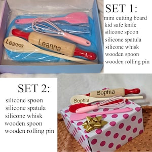 May include: Two sets of children's baking tools. Set 1 includes a mini cutting board, kid-safe knife, silicone spoon, spatula, and whisk, a wooden spoon, and rolling pin. Set 2 includes a silicone spoon, spatula, and whisk, a wooden spoon, and rolling pin. The rolling pins and spoons are engraved with names.